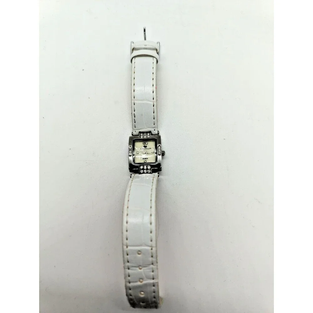 Vincelle Women’s Watch White Band Silver Tone Rhinestone Accent Needs Battery